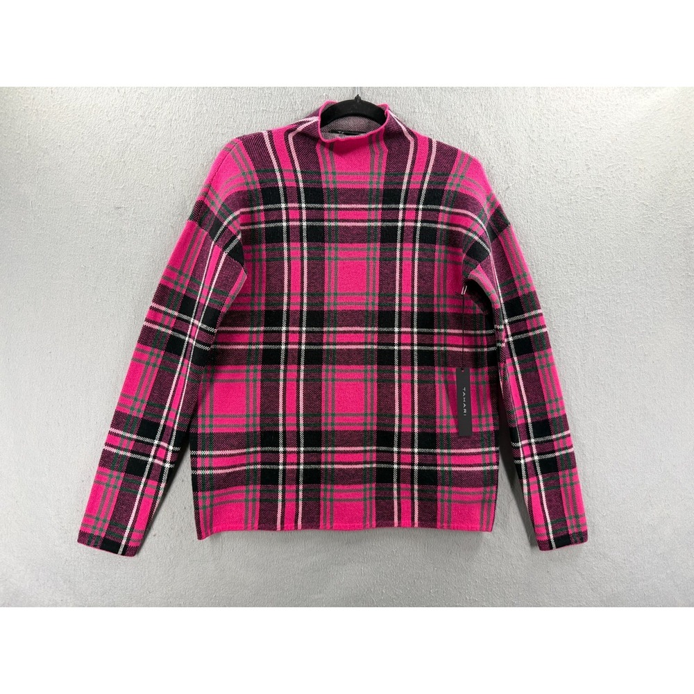 Tahari Sweater Womens S Pink Black Tartan Mock Neck Cozy Academia Chic Bold NWT